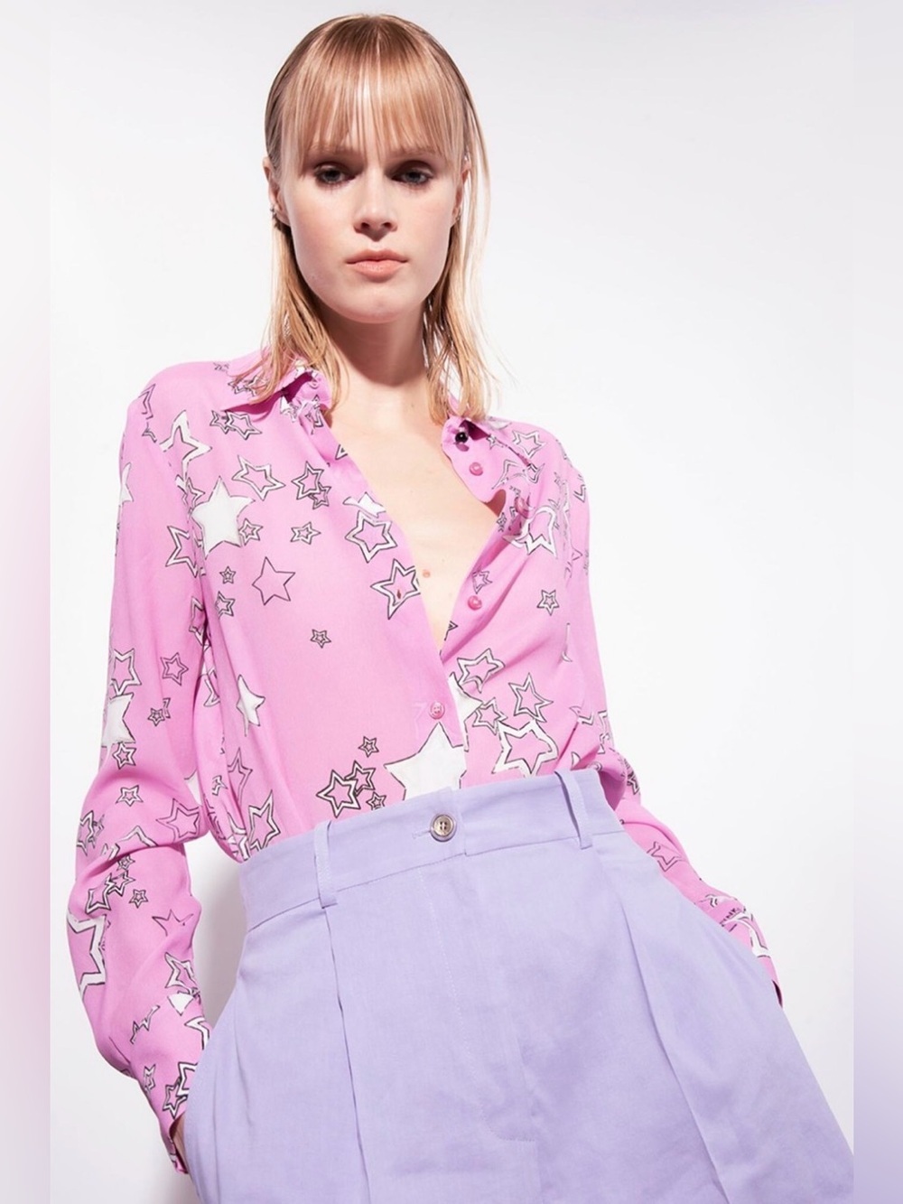 PINKO Pink Smorzare Star Print Button Down Blouse - Size See Measurements